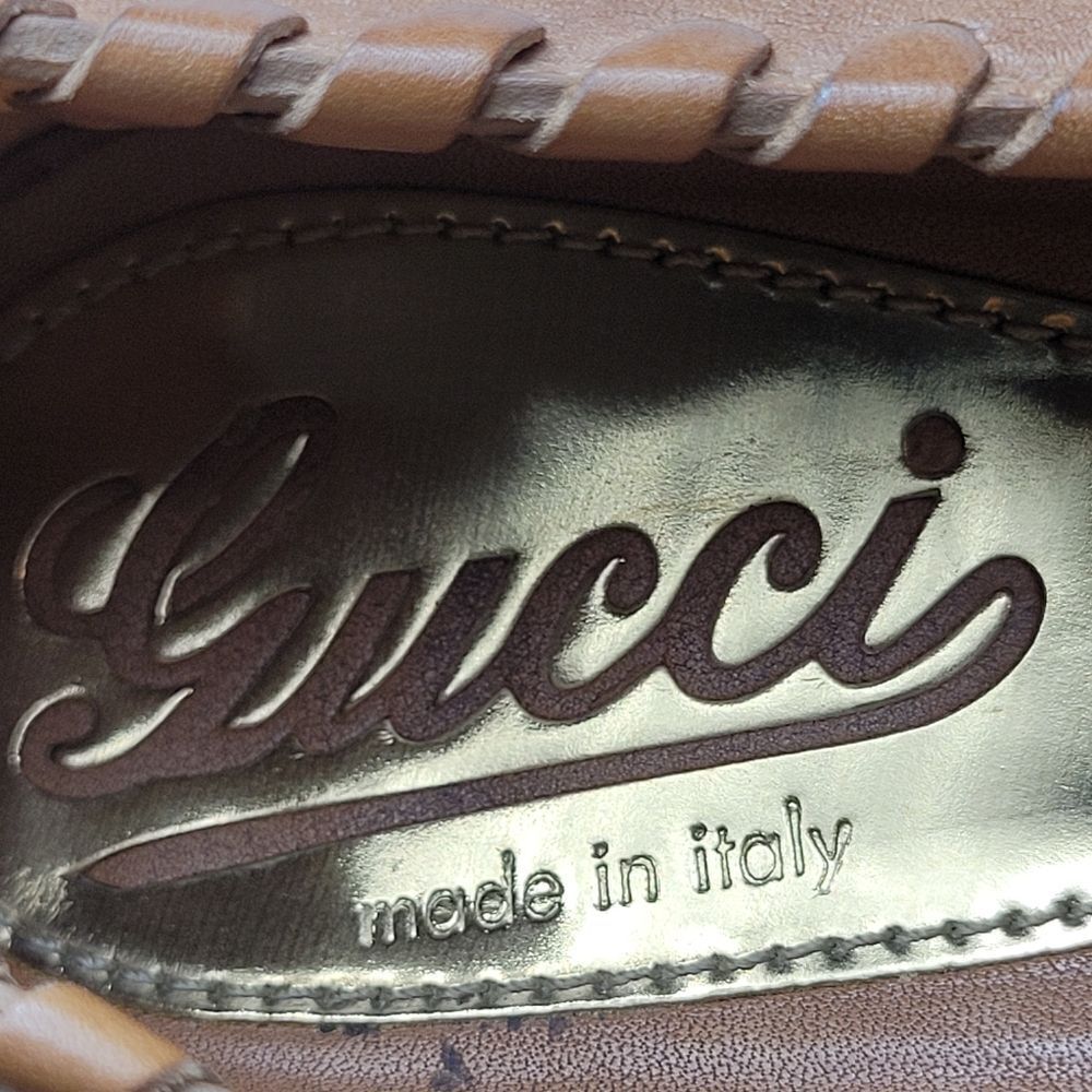 Gucci Brown Leather Whipstitch Trim Pumps Open Toe 264984 Heel Shoes Size 7 US - Picture 8 of 10